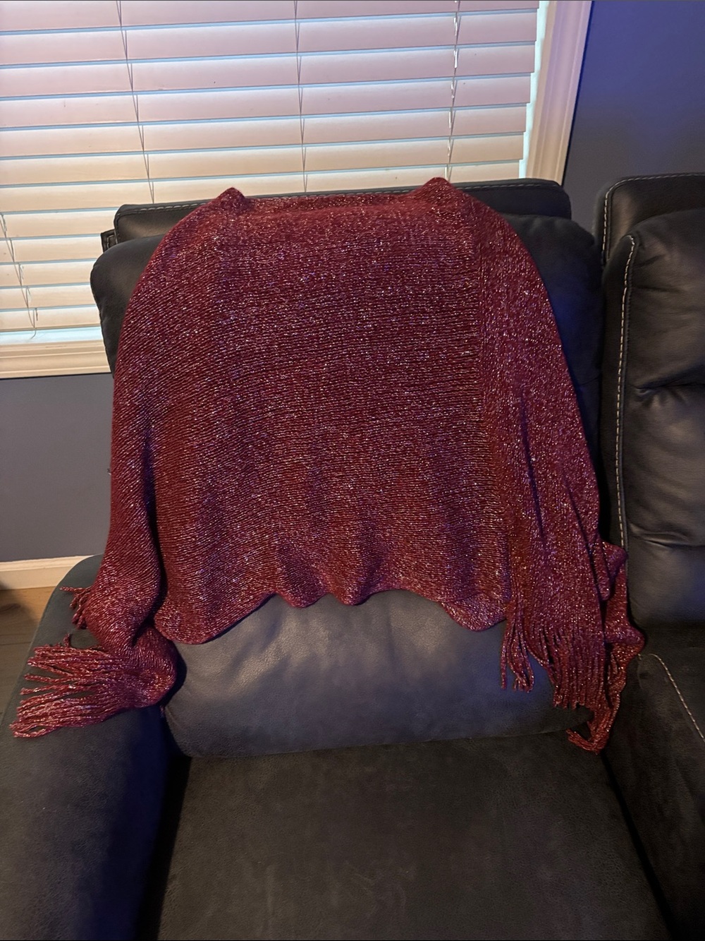 Metallic Burgundy Knit Women’s Poncho with Fringe
